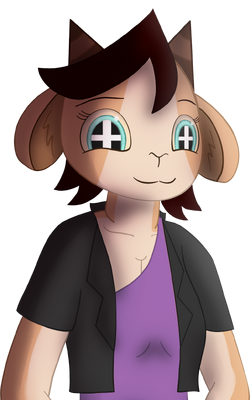 Mirage, holding a mini statue of Arph (in his beta design) and Skye.